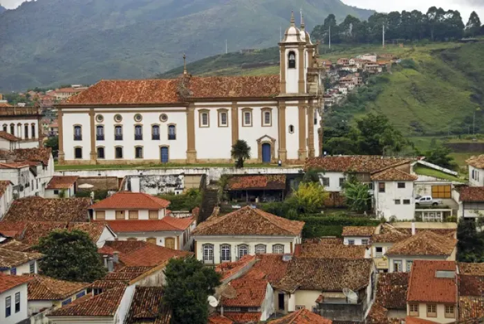 Framed Print : Brazil, Minas Gerais, Ouro Preto, view on old colonial churches and tiled roof houses
