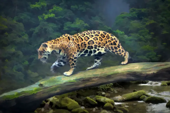 Framed Print : Brazil, Pantanal. Abstract of jaguar walking on log Framed Print : Brazil, Pantanal. Abstract of jaguar walking on log