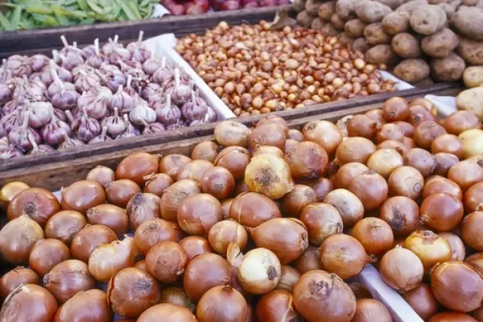 Framed Print : Brazil, Rio de Janeiro, onions, garlic and other produce for sale at market, near Ipanema Beach