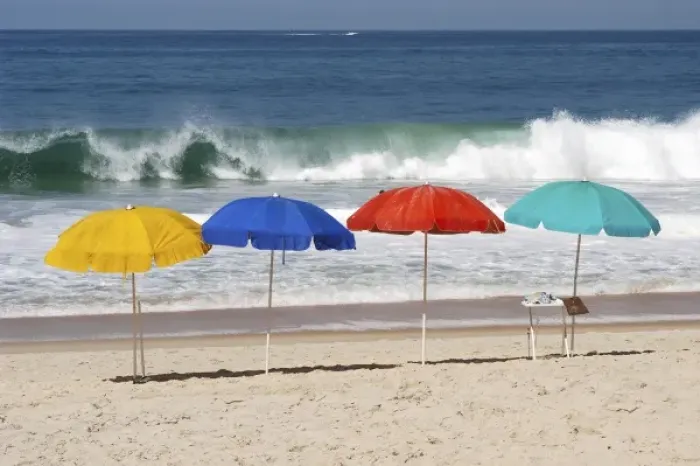 Framed Print : Brazil, Rio de Janeiro- Sao Conrado beach - beach umbrellas Framed Print : Brazil, Rio de Janeiro- Sao Conrado beach - beach umbrellas