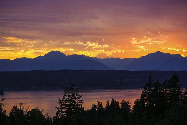 Bremerton, Washington State, USA. Olympic Mountains, Puget Sound, Kitsap Peninsula sunset