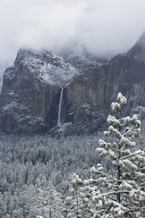 Framed Print : Bridaveil Fall and Yosemite valley after a snow storm - Yosemite National Park, California
