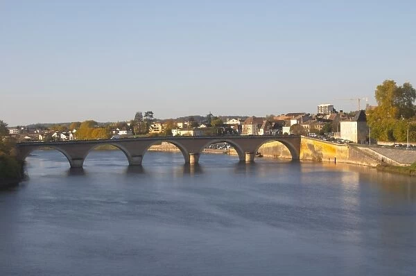 The bridge acrosse the river Dordogne and the Old Town of Bergerac in morning sunshine