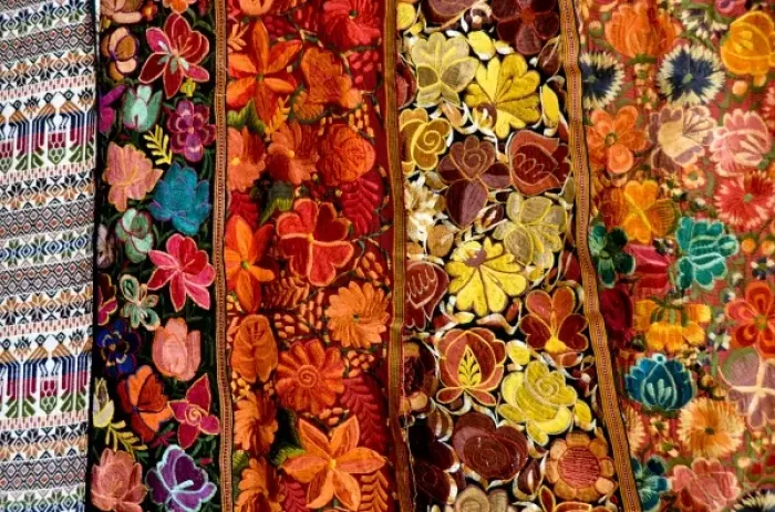 Framed Print : Bright floral tapestries for sale in Hopkins, Belize