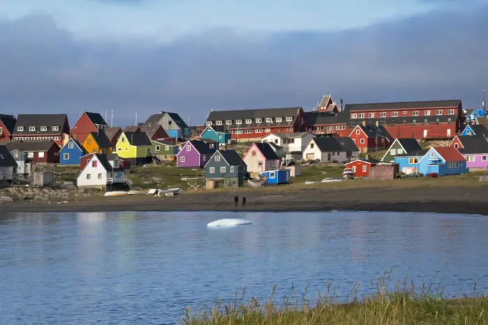 Framed Print : Brightly painted houses on the beach, Qeqertarsuaq, Greenland