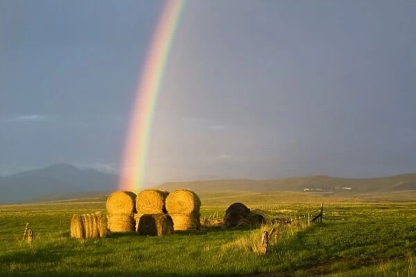 Briiliant rainbow over hay bales along the Judith mountain Range near Lewistown Montana