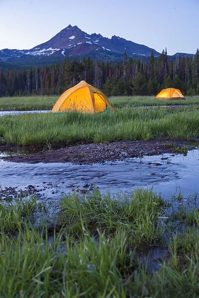 Broken Top Mountain and Camping Tent, Sparks Lake, Three Sisters Wilderness, Eastern Oregon