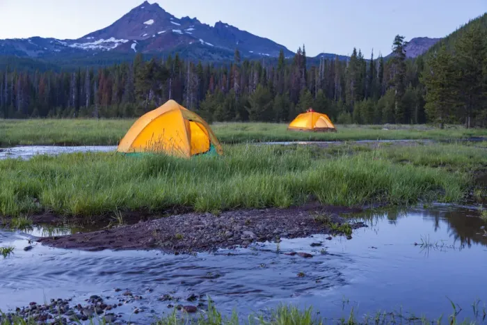 Framed Print : Broken Top Mountain and Camping Tent, Sparks Lake, Three Sisters Wilderness, Eastern Oregon Framed Print : Broken Top Mountain and Camping Tent, Sparks Lake, Three Sisters Wilderness, Eastern Oregon