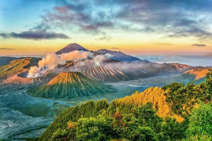 Framed Print : Bromo-National Park, Java, Indonesia. Wide angle landscape view at sunrise of Mount Bromo, an active volcano and Mount Semeru, highest mountain in Java