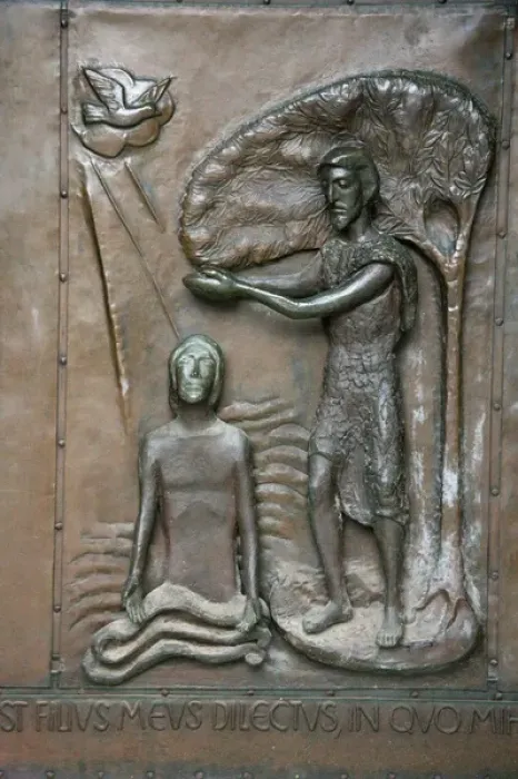 Framed Print : Bronze relief of Jesus healing power to restore on entrance door to Nazareth s Framed Print : Bronze relief of Jesus healing power to restore on entrance door to Nazareth s