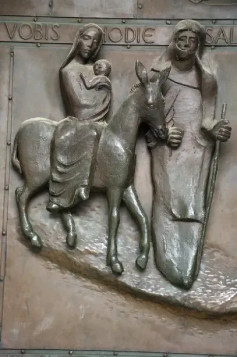 Framed Print : Bronze relief of Mary, Joseph and infant Jesus traveling to Egypt to escape wrath Framed Print : Bronze relief of Mary, Joseph and infant Jesus traveling to Egypt to escape wrath