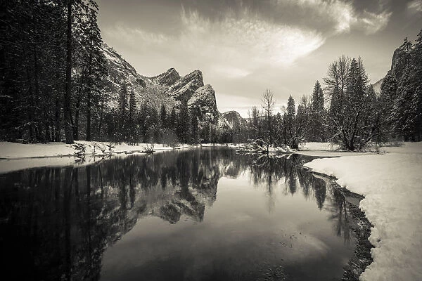 The Three Brothers above the Merced River in winter, Yosemite National Park, California