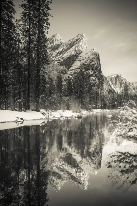 Framed Print : The Three Brothers above the Merced River in winter, Yosemite National Park, California Framed Print : The Three Brothers above the Merced River in winter, Yosemite National Park, California