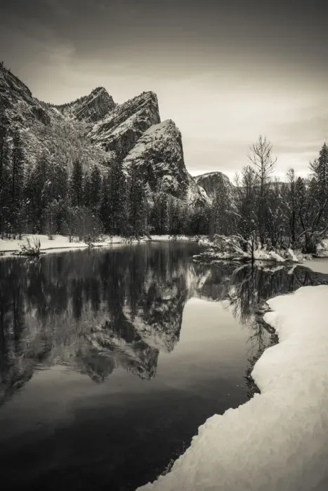 Framed Print : The Three Brothers above the Merced River in winter, Yosemite National Park, California Framed Print : The Three Brothers above the Merced River in winter, Yosemite National Park, California