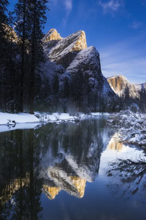 Framed Print : The Three Brothers above the Merced River in winter, Yosemite National Park, California Framed Print : The Three Brothers above the Merced River in winter, Yosemite National Park, California