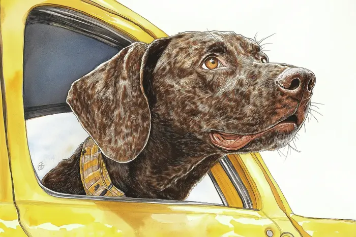 Framed Print : Brown dog riding with head out car window. (AI Generated) Framed Print : Brown dog riding with head out car window. (AI Generated)
