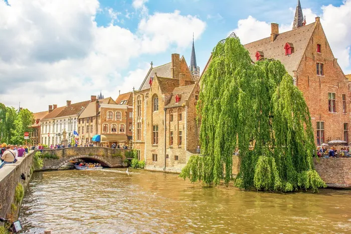 Framed Print : Bruges, Belgium. Wide angle landscape view of city known for its canals, cobbled streets and medieval buildings Framed Print : Bruges, Belgium. Wide angle landscape view of city known for its canals, cobbled streets and medieval buildings