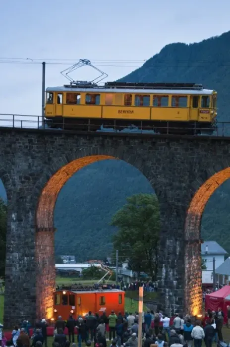 Framed Print : Brusio, Switzerland. Historic rail cars and trains on the circular railway viaduct in Brusio