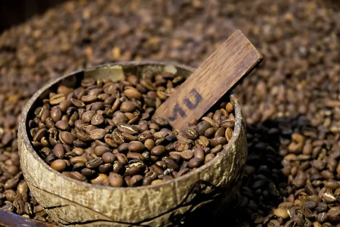 Framed Print : Brussels, Belgium. Roasted coffee beans for sale in bin at coffee shop