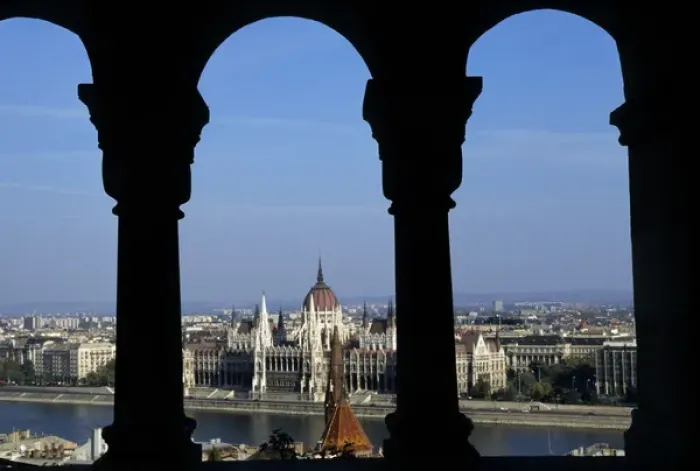 Framed Print : Budapest, Hungary. View through the arches from Buda; the Parliament across the Danube