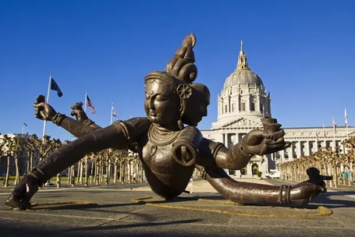 Framed Print : Buddha sculpture Three Heads Six Arms at the Civic Center Plaza in downtown San Francisco Framed Print : Buddha sculpture Three Heads Six Arms at the Civic Center Plaza in downtown San Francisco