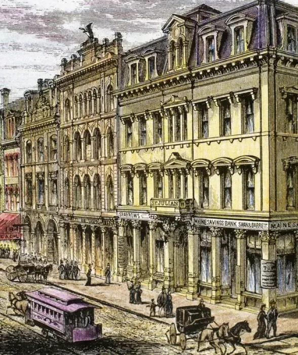 Framed Print : Building Maine Savings Bank on Middle Street. Portland. 1876. Maine. United States Framed Print : Building Maine Savings Bank on Middle Street. Portland. 1876. Maine. United States