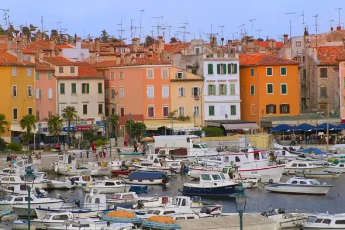 Framed Print : Buildings with antenna and boats by the water, Rovinj, Istria, Croatia Framed Print : Buildings with antenna and boats by the water, Rovinj, Istria, Croatia