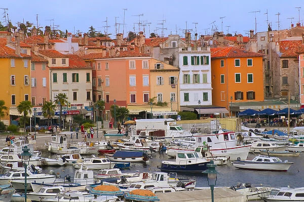 Buildings with antenna and boats by the water, Rovinj, Istria, Croatia