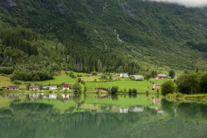 Framed Print : Buildings. Architecture. Waterfall. Olden. Norway