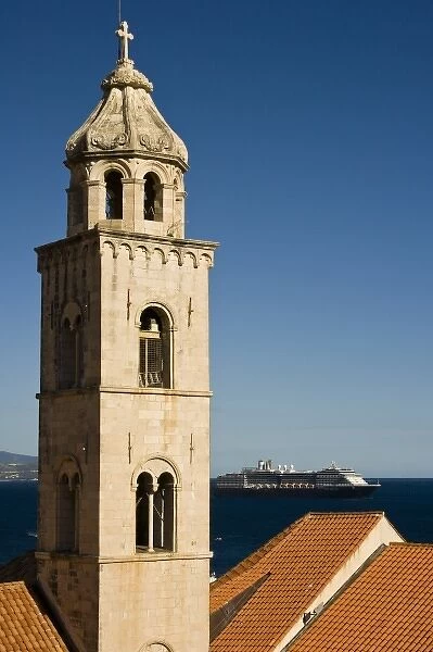 Buildings of the Walled City of Dubrovnik with a cruise ship in the background, Southeastern