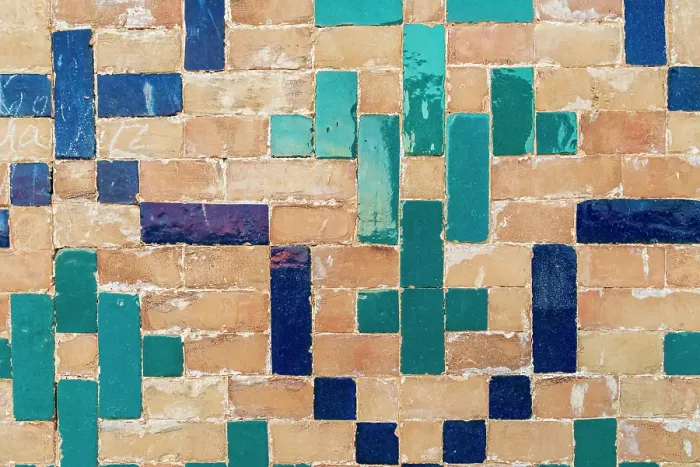 Framed Print : Bukhara, Uzbekistan, Central Asia. Decorative tiles on a brick wall at the Kalan Mosque in Bukhara