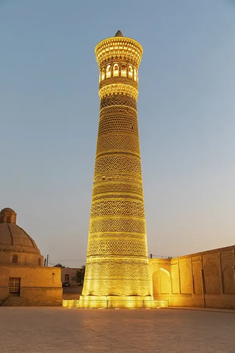 Framed Print : Bukhara, Uzbekistan, Central Asia. Night time view of the minaret at the Kalan Mosque in Bukhara