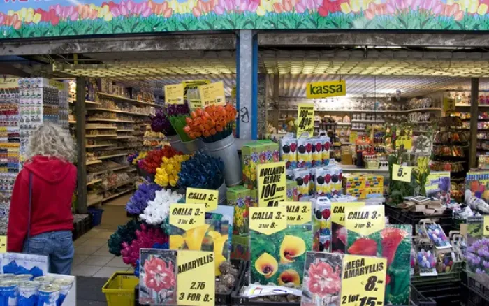 Framed Print : A bulb and souvenir shop with people at Bloemenmarket