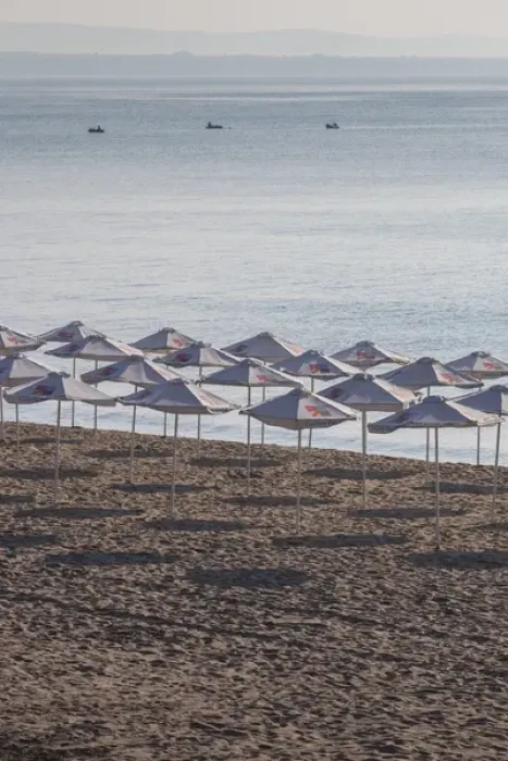 Framed Print : Bulgaria, Black Sea Coast, Burgas, Town Beach umbrellas