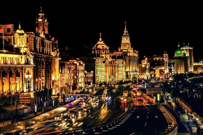 Framed Print : The Bund, old part of Shanghai, China, Night Illuminated with cars Framed Print : The Bund, old part of Shanghai, China, Night Illuminated with cars