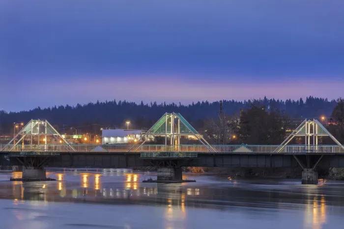 Framed Print : The Burlington Northern walking bridge crosses the Spokane River on the Gonzaga University