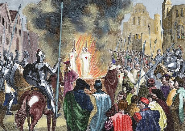 Burning Templar in the 14th century. Colored engraving of 1851