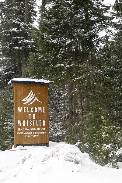 CA, BC, Whistler. Fresh snow piled atop entrance sign to Whistler announcing 2010
