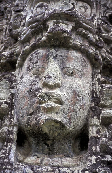 CA, Honduras Face carving at Copan Ruinas