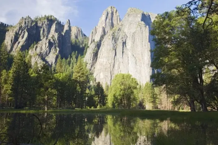 Framed Print : CA, Yosemite NP, Cathedral Rocks and reflection