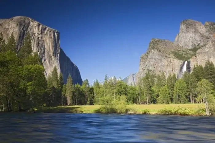 Framed Print : CA, Yosemite NP, Valley view with El Capitan, Cathedral Rocks, Bridalveil Falls