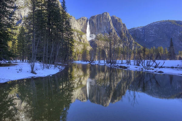 CA, Yosemite NP, Yosemite Falls reflected in Merced River