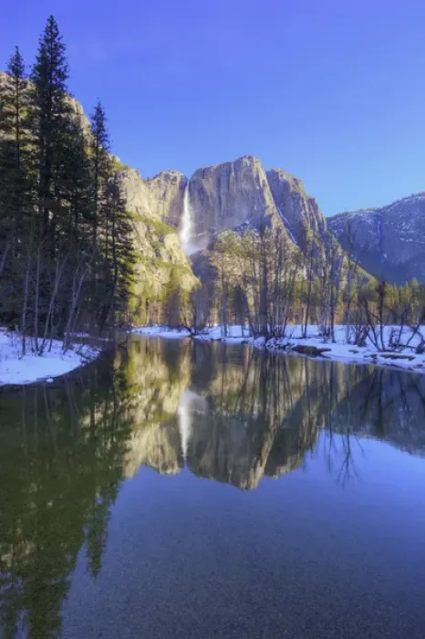 Framed Print : CA, Yosemite NP, Yosemite Falls reflected in Merced River