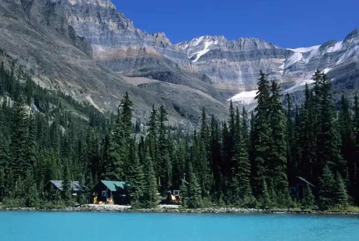 Framed Print : Cabins of Lake O Hara Lodge along shore of Lake O hara below the snow-streaked 11 Framed Print : Cabins of Lake O Hara Lodge along shore of Lake O hara below the snow-streaked 11