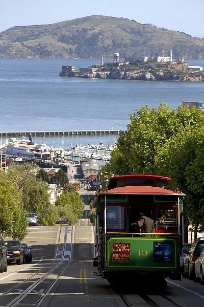 Cable car and Alcatraz Island in San Francisco, California, USA