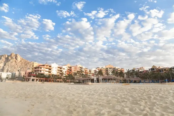 Framed Print : Cabo San Lucas, Baja California Sur, Mexico - An exterior view of a tropical resort on the beach
