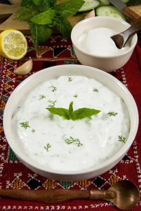 Framed Print : Cacik, sauce with yogurt, mint, cucumber, lemon, Turkish food, Turkey