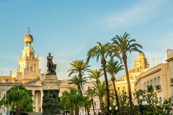 Framed Print : Cadiz City Hall with Monument to Moret, Plaza de Sevilla, Cadiz, Spain