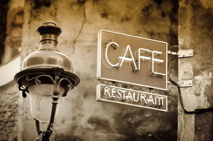 Framed Print : Cafe sign and lamp post, Paris, France Framed Print : Cafe sign and lamp post, Paris, France