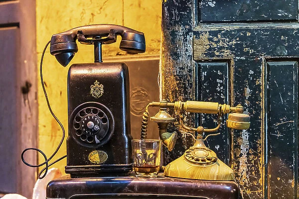 Cairo, Egypt. Antique telephones at a shop on El Moez street in Old Cairo. (Editorial Use Only)